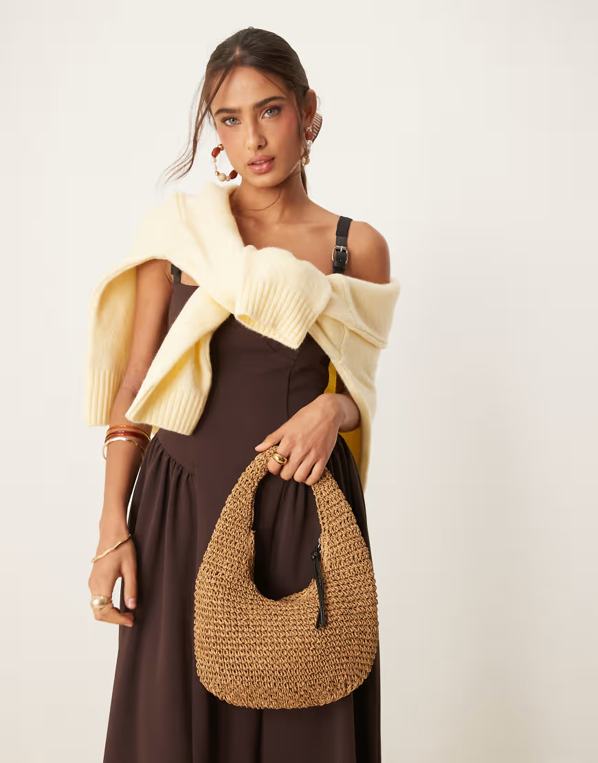 ASOS DESIGN hand crochet straw shoulder bag in brown | ASOS (Global)
