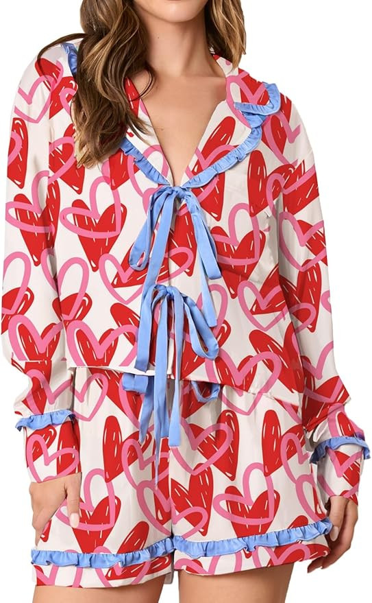 Women Cute Heart Print Pajama Set Valentine's Day Bow Tie Pajamas Long Sleeve Shirt Shorts 2 Piec... | Amazon (US)
