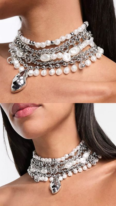  Choker necklace with mixed faux pearl and chain with molten pendant in silver tone. Statement piece, wardrobe staple. Timeless. Gift guide idea for her. Luxury, elegant, chic look, feminine fashion, trendy look, party, gala , special event, festive. £20, affordable jewelry .

#LTKeurope #LTKfindsunder50 #LTKparties