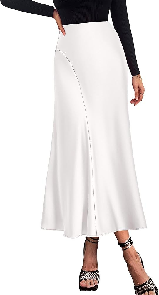 KIRUNDO Women's Satin Elastic High Waisted Maxi Skirt 2024 Trendy Summer Fall Silky A-Line Casual... | Amazon (US)