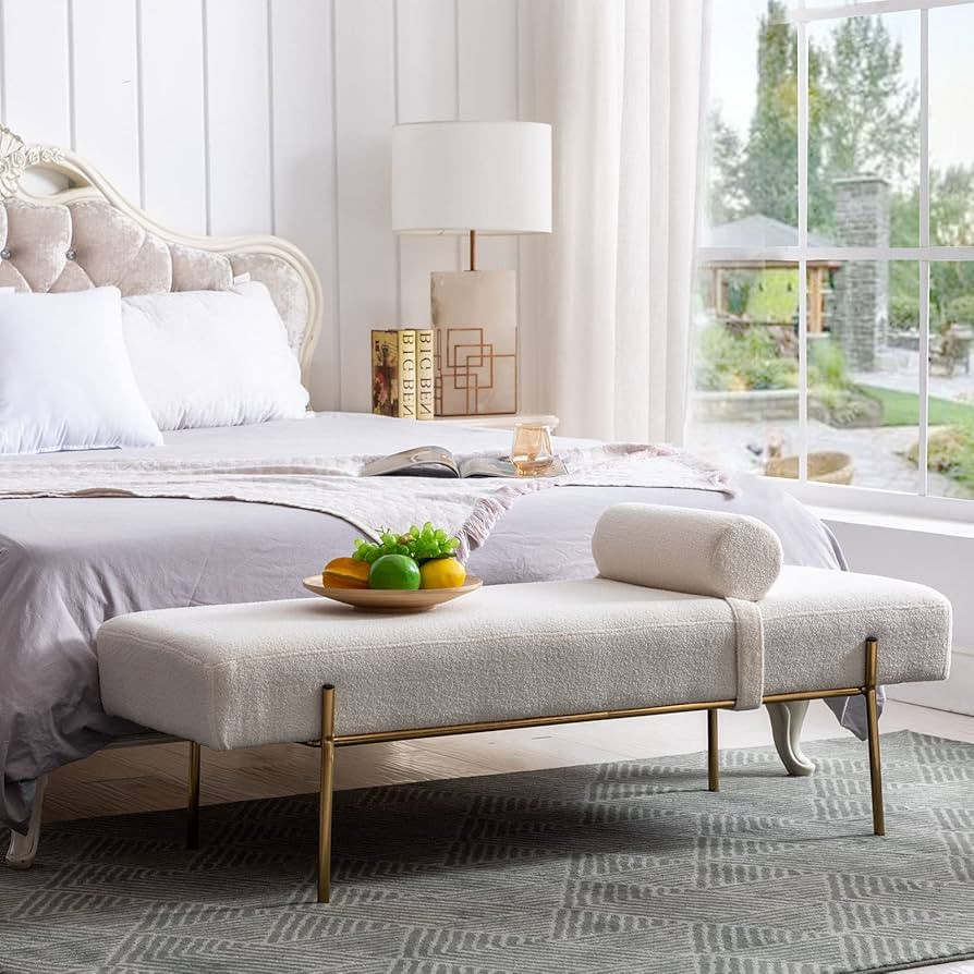 ZSARTS Faux Fur White End of Bed Bench, 55" Modern Upholstered Bedroom Bench with Pillow Fluffy L... | Amazon (US)