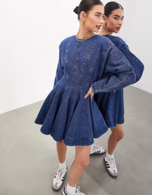 ASOS EDITION denim long sleeve mini dress with seam details in mid blue | ASOS | ASOS (Global)