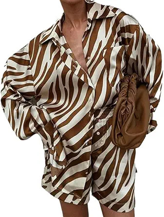 Women's Oversized Zebra Print Two Piece Set Long Sleeve Blouse and Shorts 2 Piece Outfits | Amazon (US)