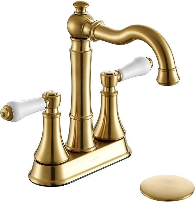 Porcelain 2-Handle Brushed Gold Bathroom Faucet 4 inch Centerset with Plastic Pop-up Drain, Class... | Amazon (US)