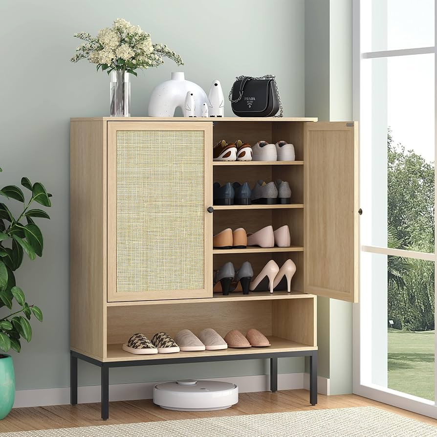 Yechen Natural Rattan Shoe Cabinet, 5-Tier Shoe Rack Storage Organizer with Doors, Metal Legs, En... | Amazon (US)