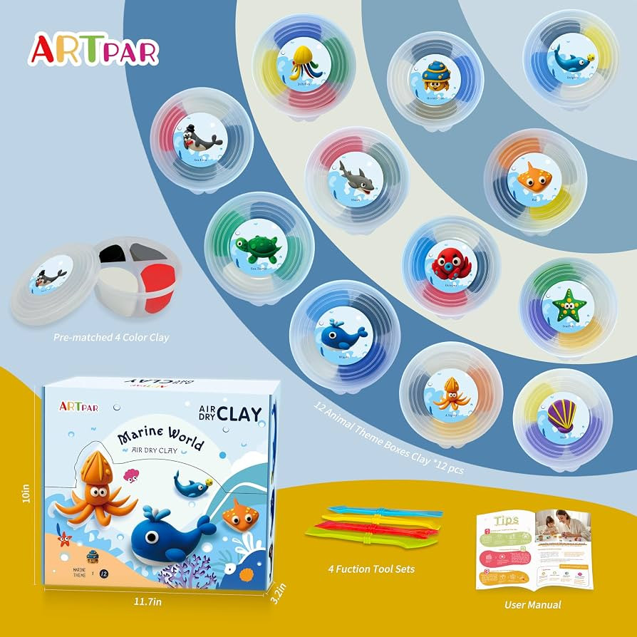 ARTPAR Air-Dry Clay Kit for Kids,12 Marine Animal\u0073\u200c Modeling Magic Clay Sculpting Tools... | Amazon (US)