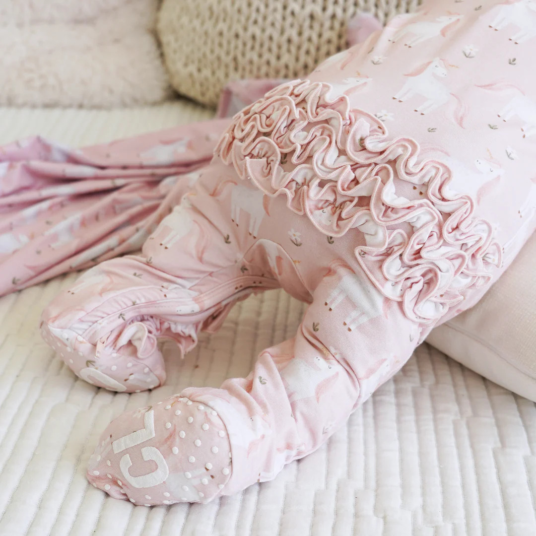 Sweet Unicorn Ruffle Zipper Footie* | Caden Lane