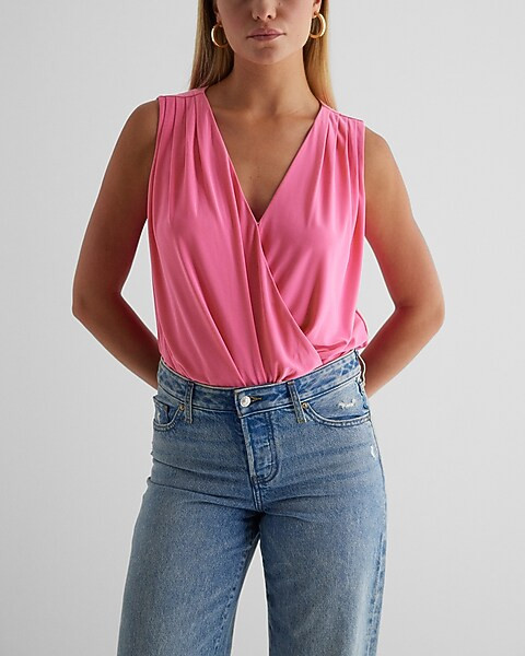 V-Neck Surplice Pleated Shoulder Bodysuit | Express