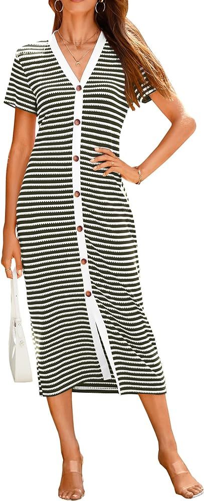 BTFBM Women Casual Summer Dresses Short Sleeve Striped Midi Dresses Decorative Button Ribbed Knit... | Amazon (US)