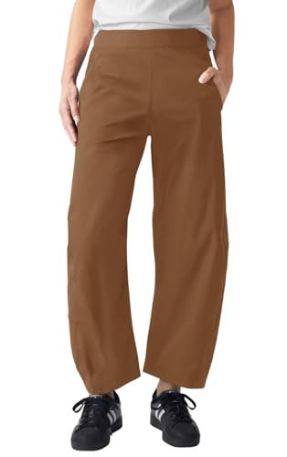 EGOCKAL Womens Elastic Waist Ankle Pants Baggy Curved Tapered Leg Barrel Travel Pants with Pockets Brown | Amazon (US)