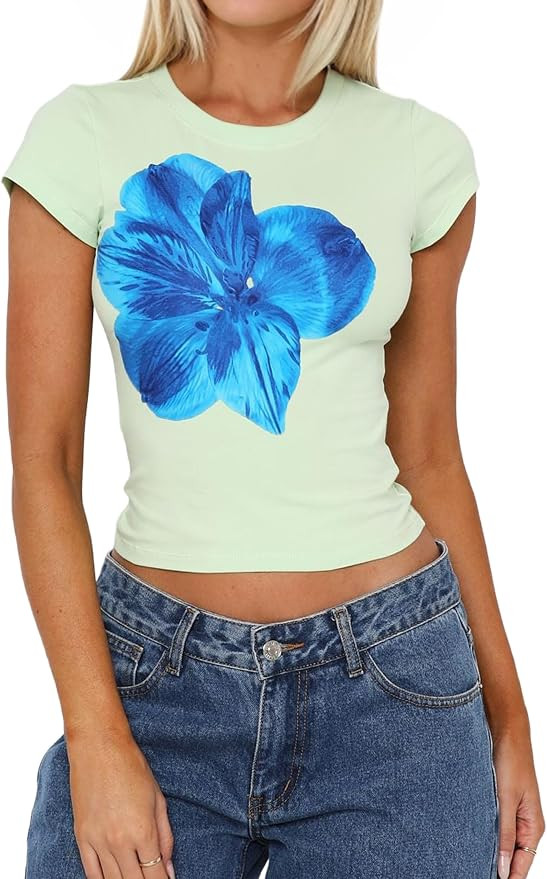 Women's Skinny Graphic Crop Top Flowers Print Short Sleeve Crewneck 80s 90s Vintage Summer Baby T... | Amazon (US)