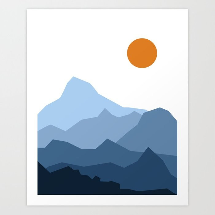 Abstract Blue And Orange Mountain Sunset Landscape Art Print | Society6