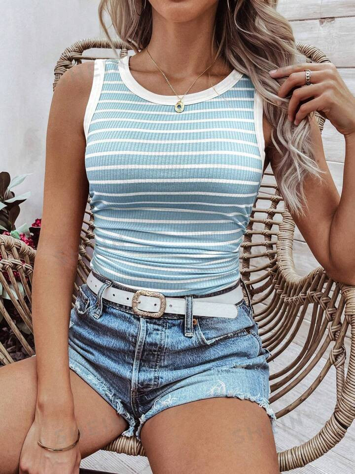 SHEIN LUNE Women's Fashionable Color-Block Striped Sleeveless Tank Top | SHEIN