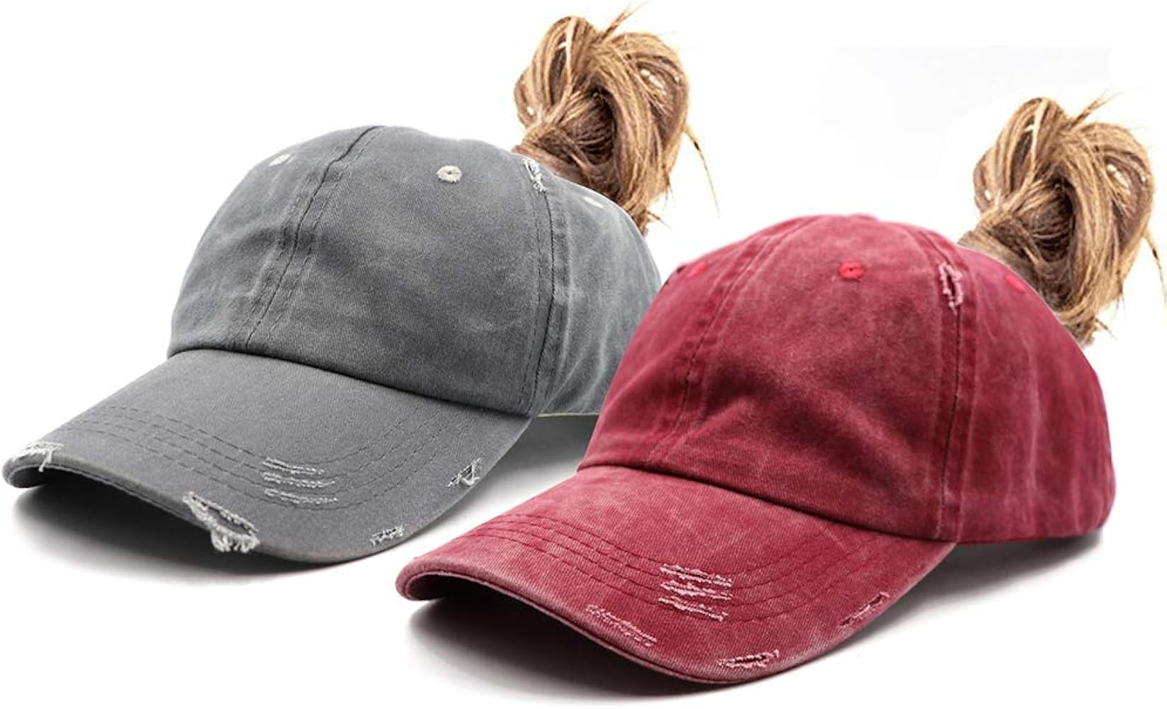 Ponytail Unconstructed Washed Dad Hat Messy High Bun Ponycaps Plain Baseball Cap | Amazon (US)