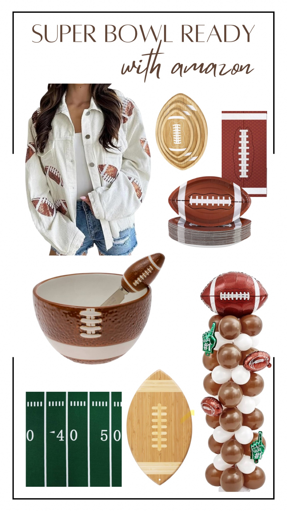 Super bowl ready with amazon.  the cutest football shacket, papergoodies, balloons, cutting board and servers! 

#LTKHome #LTKSaleAlert #LTKSeasonal