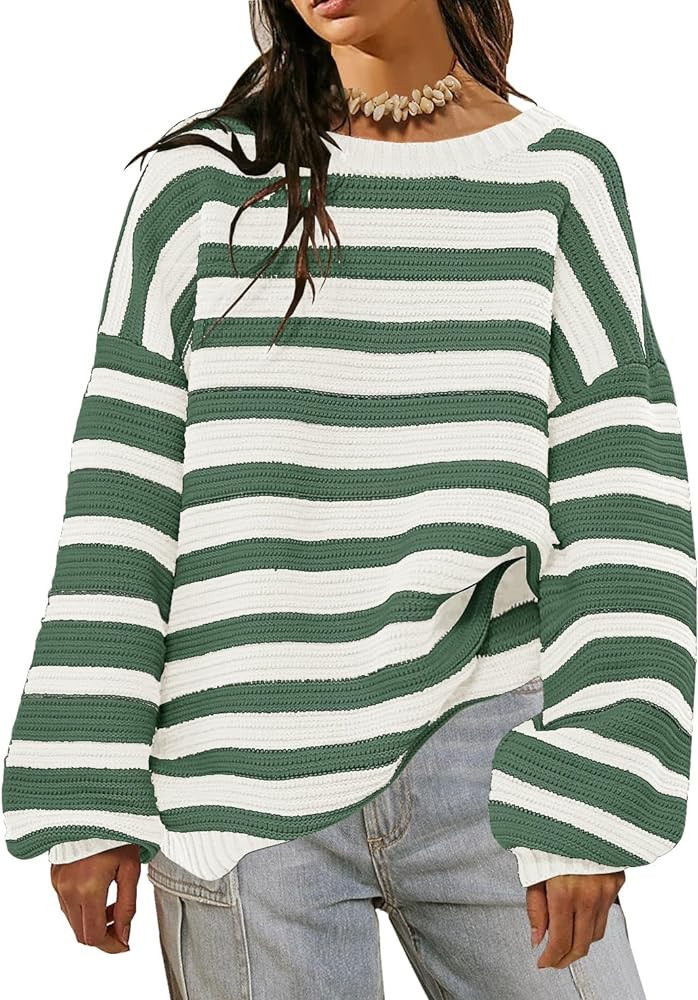 GUNEST Women Striped Sweater Oversized Long Sleeve Crew Neck Ribbed Knit 2023 Y2K Pullover Sweate... | Amazon (US)