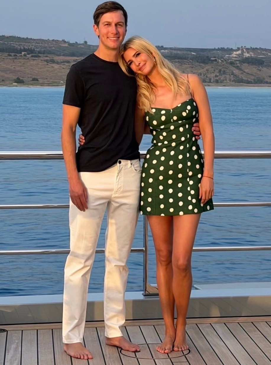 Ivanka Trump wearing a green and white polkadotted mini dress