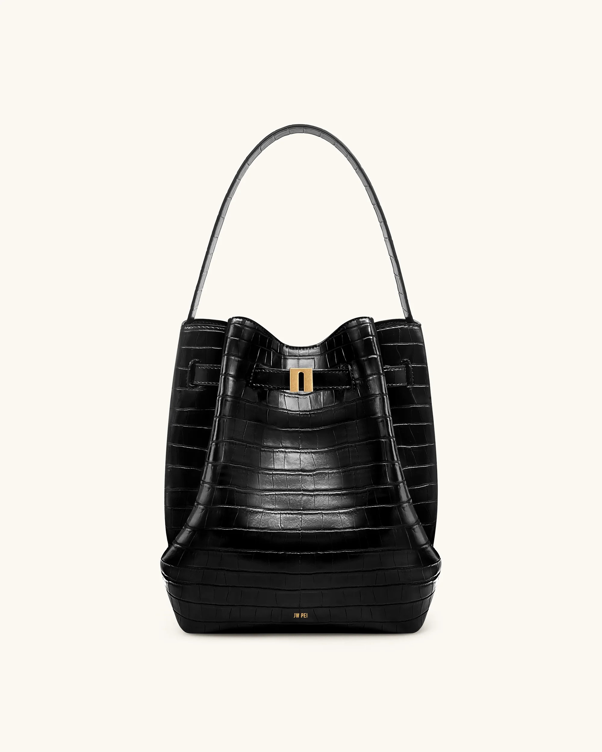Clara Lock Accent Bucket Shoulder Bag - Black Croc | JW PEI US