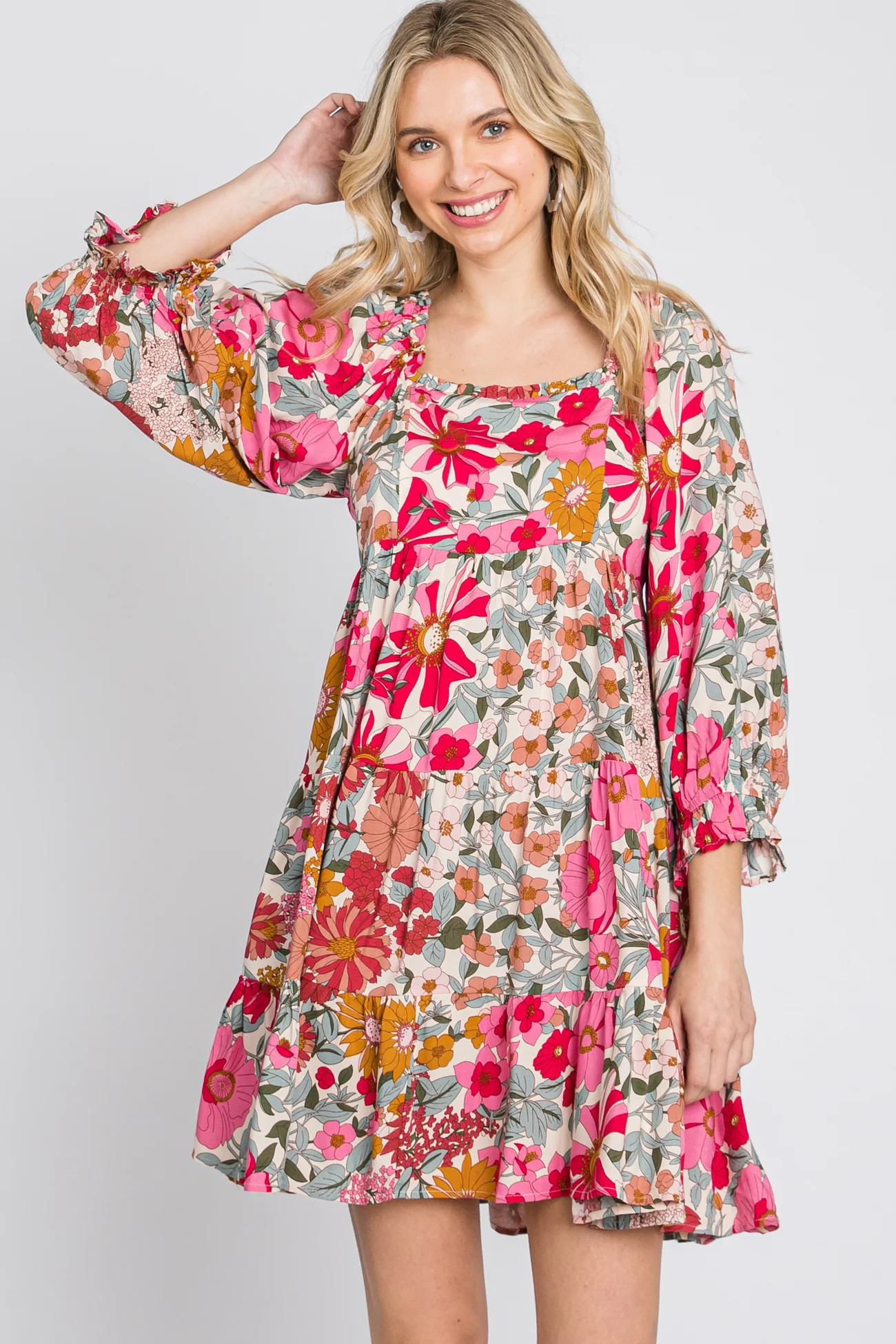 Pink Floral 3/4 Sleeve Tiered Dress | PinkBlush Maternity
