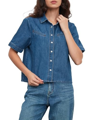 YEXPINE Women's Short Sleeve Button Down Denim Shirt Casual Loose Summer Jean Shirt | Amazon (US)