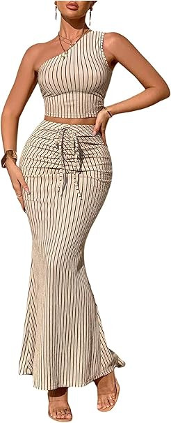 Amazon.com: SOLY HUX Women's 2 Piece Vacation Outfits Striped Ruched One Shoulder Crop Top and Bo... | Amazon (US)