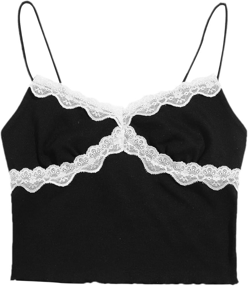 SweatyRocks Women's Lace Patchwork Spaghetti Strap Crop Cami Cute Ribbed Knit Slim Fit V Neck Cam... | Amazon (US)