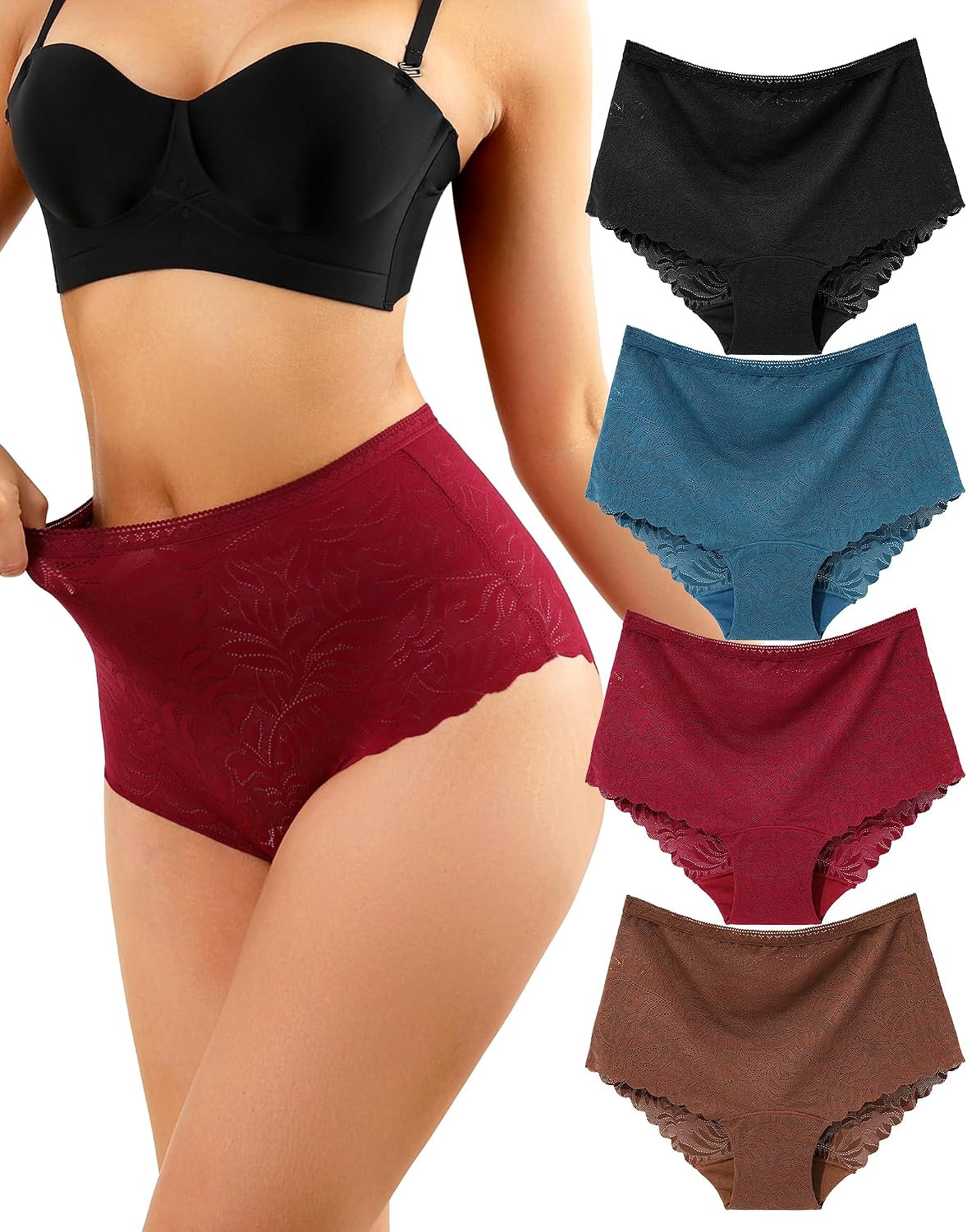 LEVAO Women's High Waist Lace Underwear Sexy Soft Briefs Panties 4 Pack | Amazon (US)