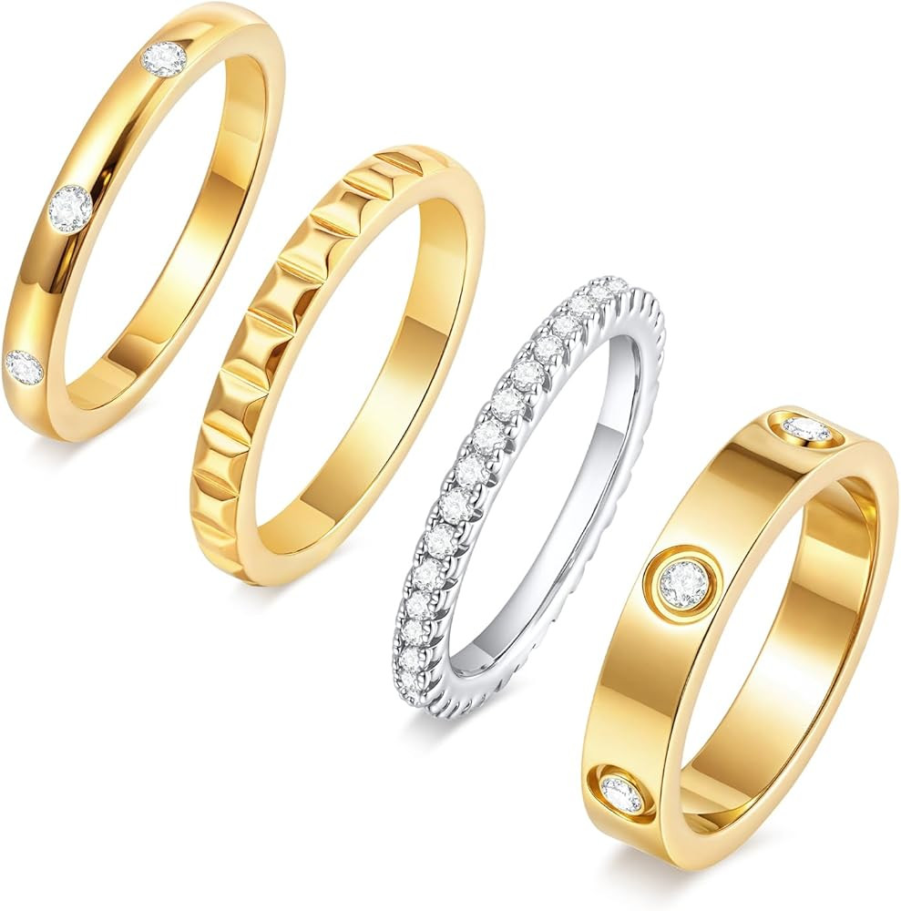 Stackable Gold Rings for Women - 18K Gold Plated Rings Set, Non Tarnish Stainless Steel Cubic Zir... | Amazon (US)