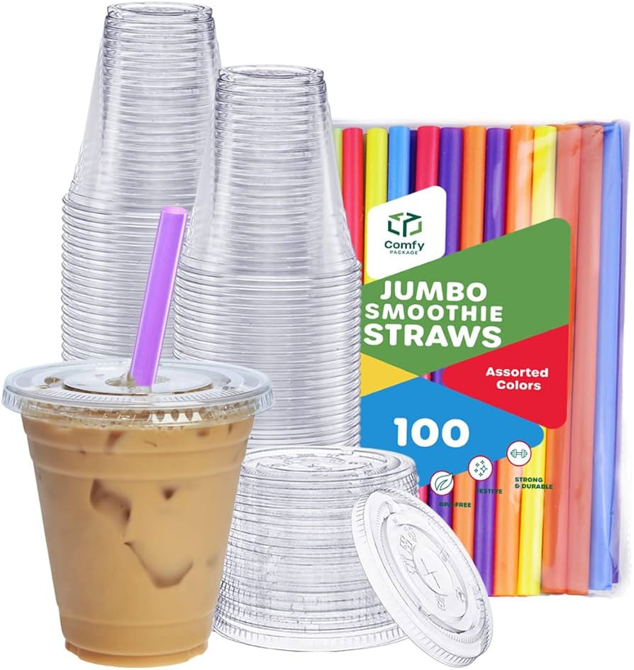 Comfy Package [100 sets - 12 oz. Clear Plastic Cups With Flat Lids & Straws - Disposable Clear Dr... | Amazon (US)