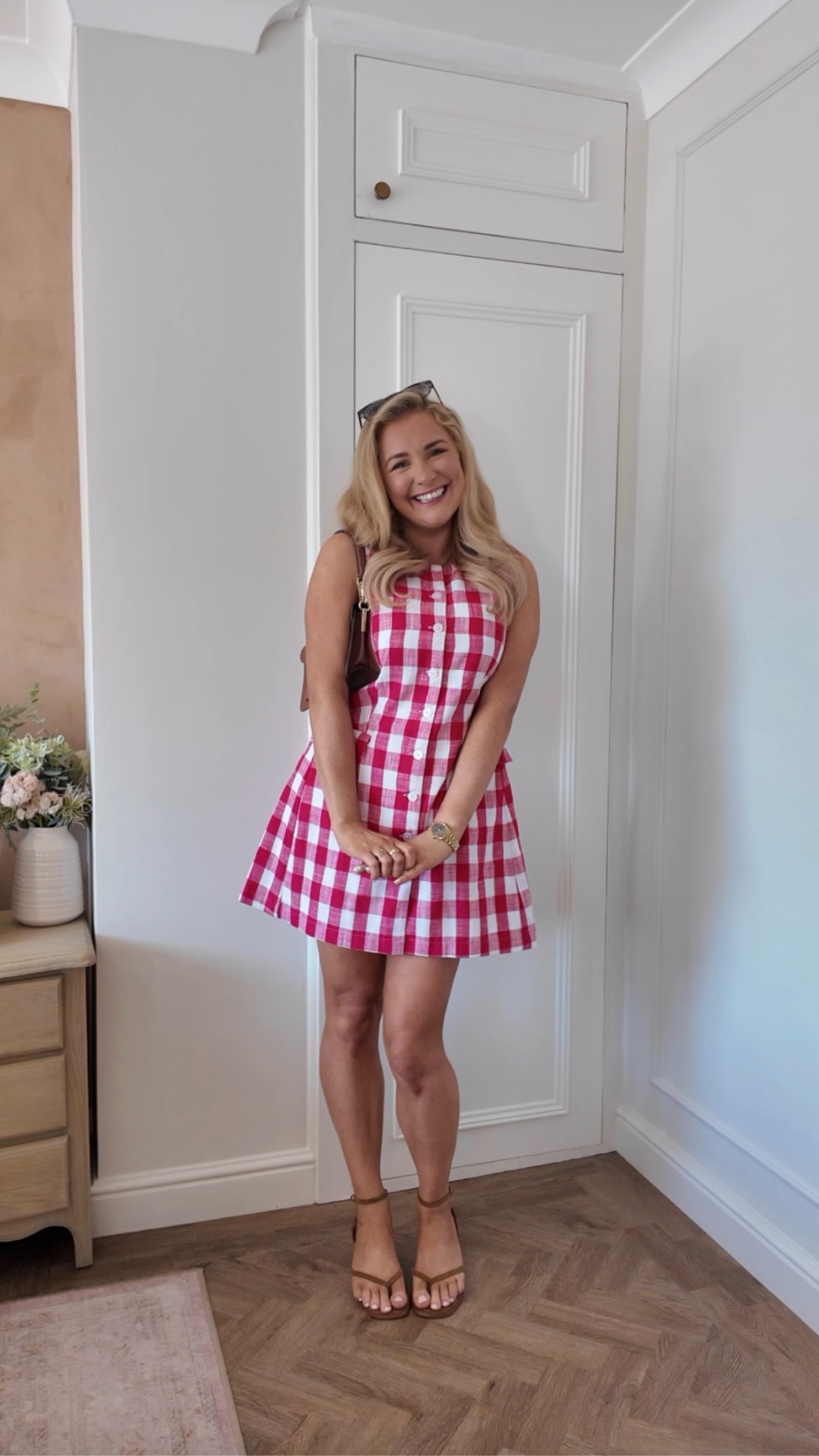 Actual red mini dress is “raspberry gingham” from next 