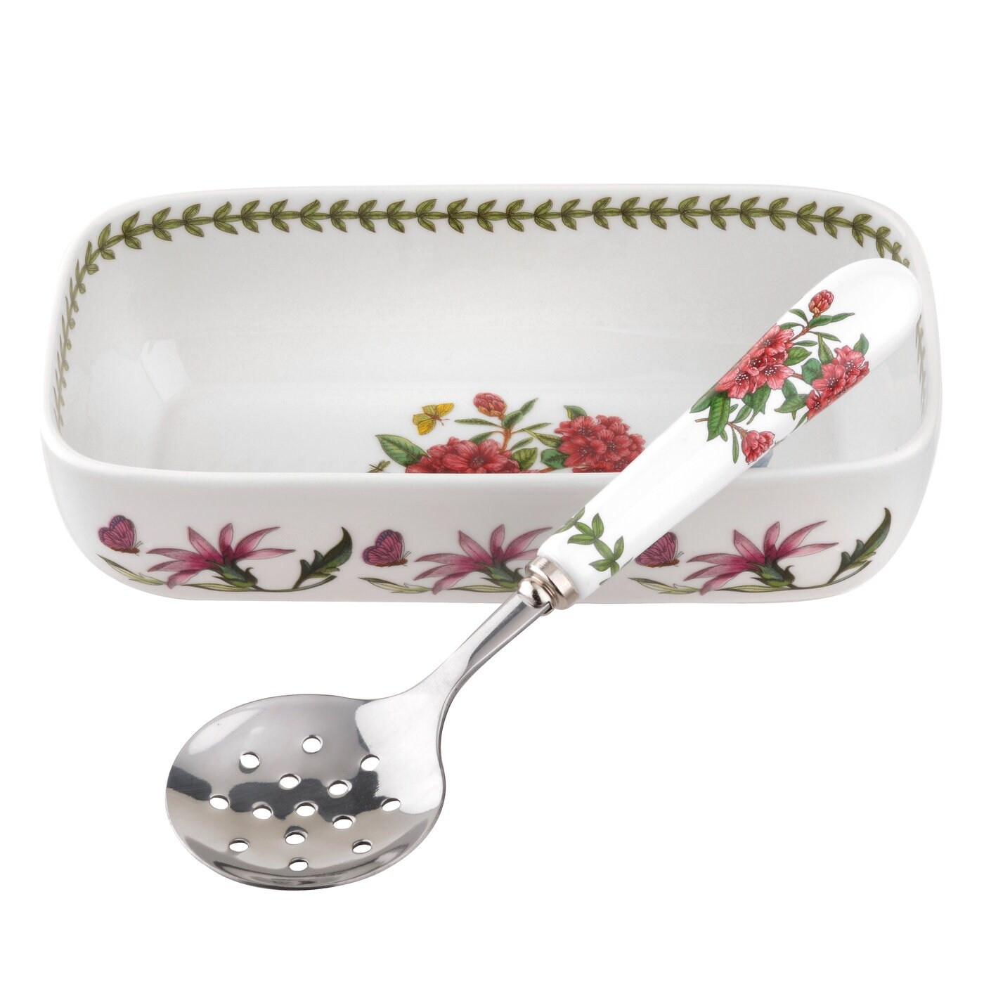 Portmeirion Botanic Garden Cranberry Dish with Slotted Spoon - 8 x 4.25 inch Dish / Spoon 4.25 inch | Bed Bath & Beyond
