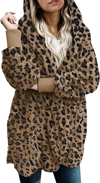 Women Hooded Cardigan Fuzzy Jacket Winter Open Front Fleece Coat Outwear with Pockets | Amazon (US)