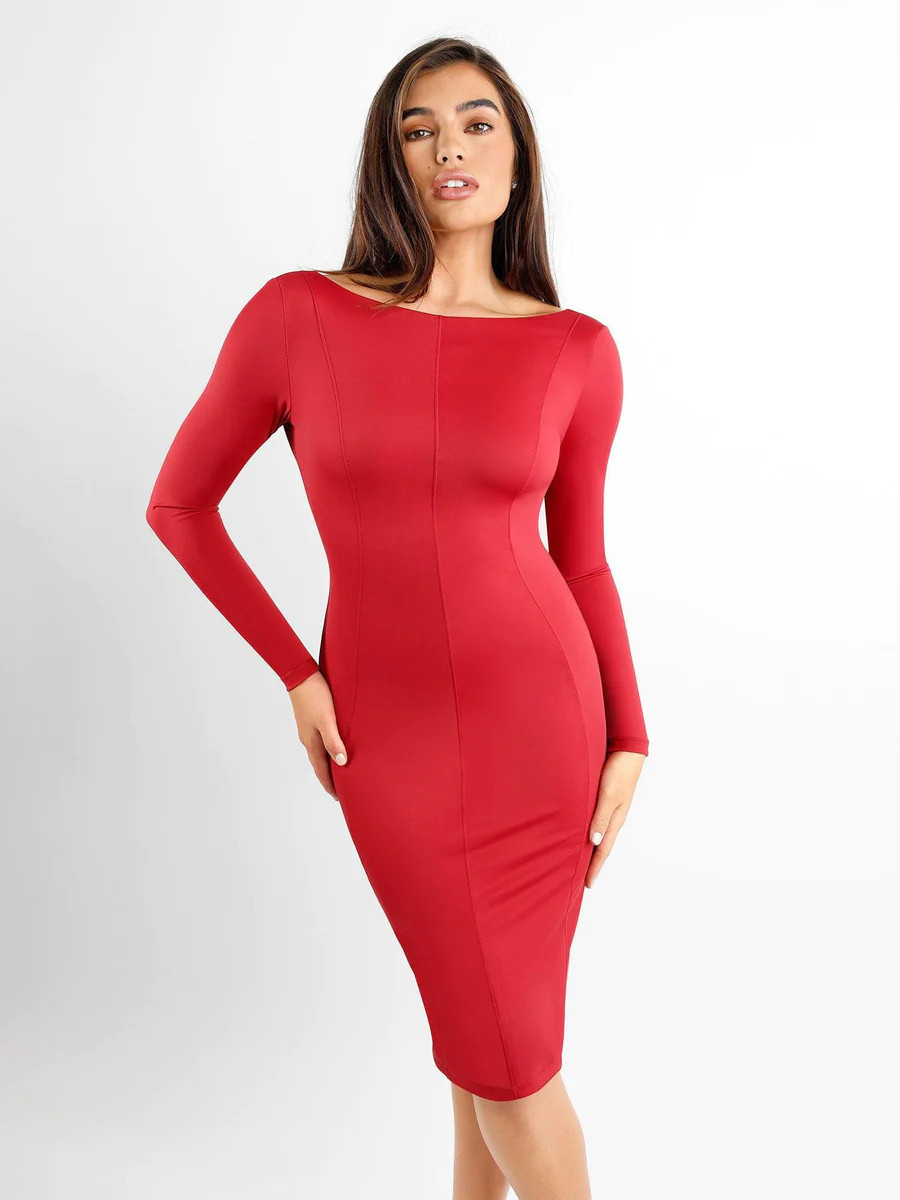 Built-In Shapewear Long Sleeve Crew Neck Backless Midi Dress | Popilush