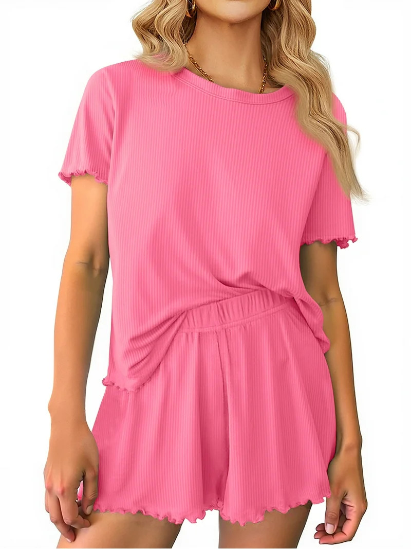 MOSHU Womens Pajamas Sets Ribbed Knits Tops and Elasticated Waist Shorts with Pocket Ruffle Edge ... | Walmart (US)