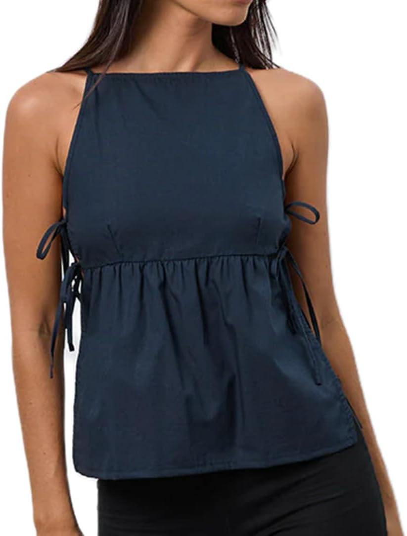 Women Tie Side Tank Top Split Sleeveles Peplum Shirt Cute Boho Beach Blouse | Amazon (US)