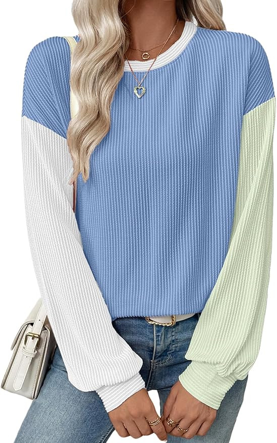 EVALESS Womens Long Sleeve Tops Fall Fashion 2025 Crewneck Color Block Ribbed Knit Casual Loose F... | Amazon (US)