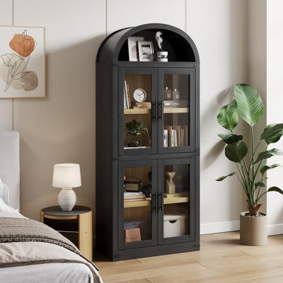 ODK Arched Bookshelf with Doors and Drawers, 71.4" Farmhouse Bookcase, 15.83" Deep Wooden Display Cabinet,Rounded Bookcase for Living Room,Bedroom | Target