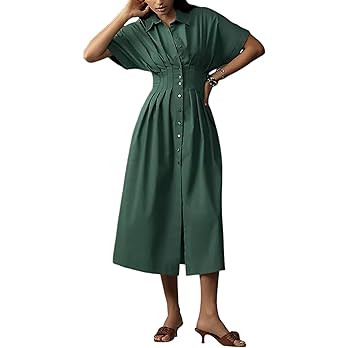 Yeokou Shirt Dress for Women Summer Casual Short Sleeve Button Down Loose Pleated Maxi Sundress w... | Amazon (US)