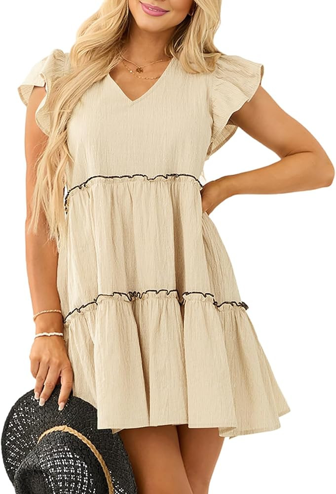Women’s Summer Babydoll Mini Dress V Neck Tie Back Ruffle Sleeve Casual Tiered Loose Flowy Swin... | Amazon (US)