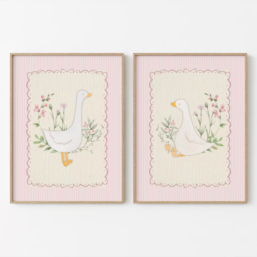 Vintage Pink Silly Goose Nursery Prints, Pink Wall Gallery, Sweet Floral Nursery Decor, Nursery W... | Etsy (US)