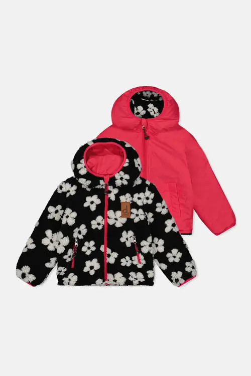Deux par Deux Reversible Fleece Technical Fabric Mid-Season Jacket in Black Printed Flowers And Pink at Nordstrom, Size 2T | Nordstrom