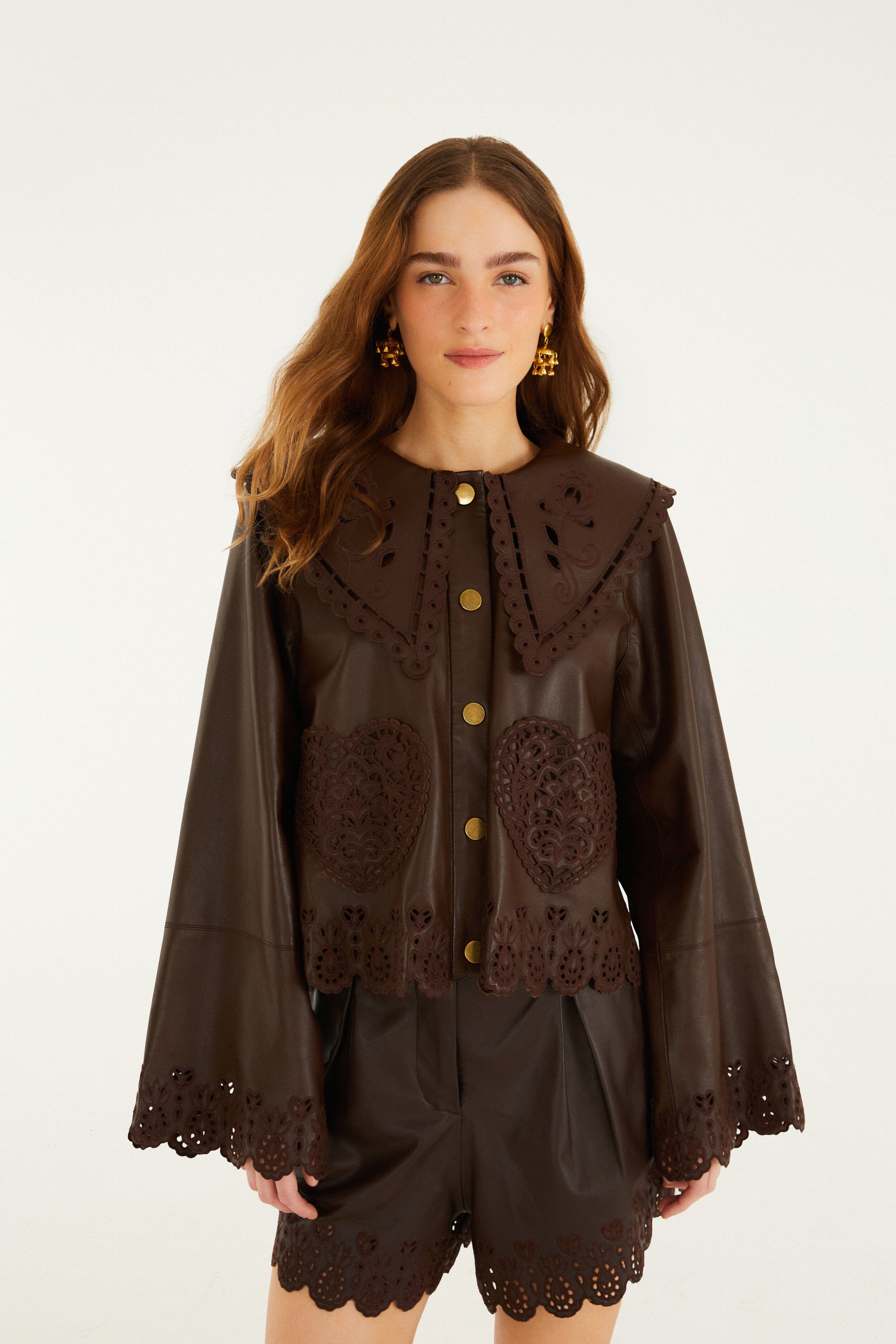 Dark Brown Hearts Richelieu Leather Jacket | FARM Rio | FarmRio (US)
