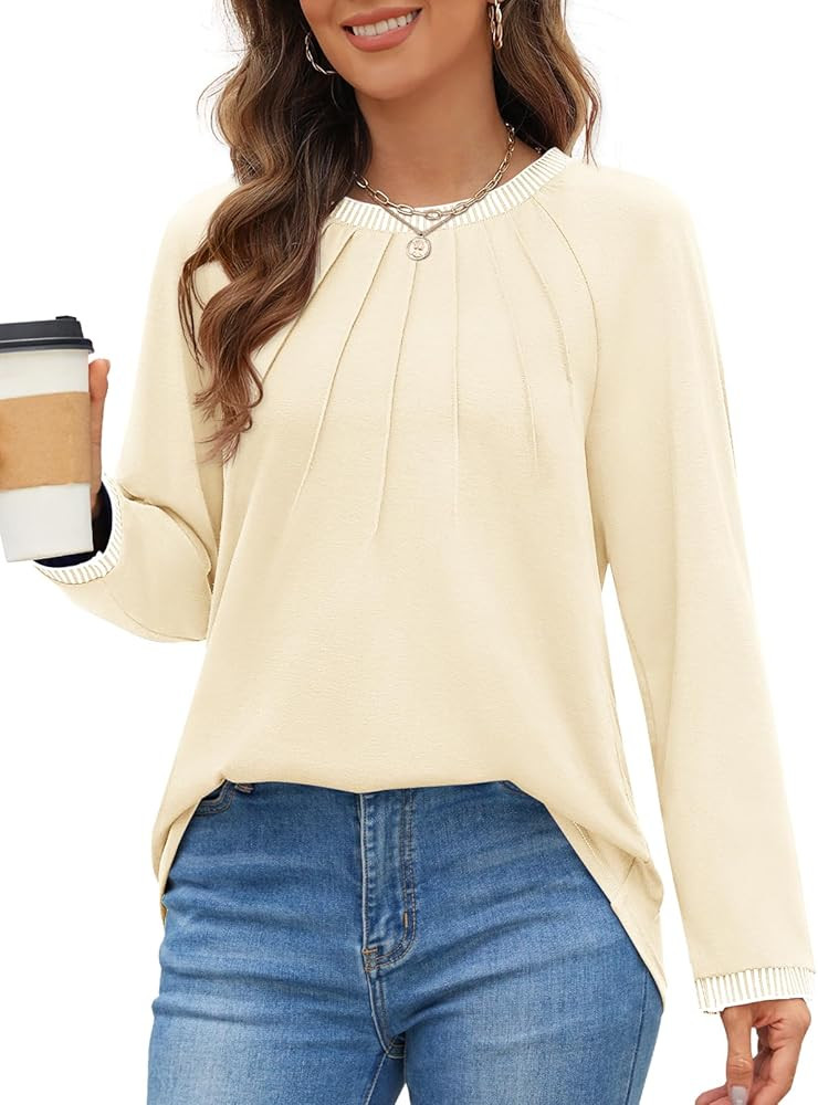 MEROKEETY Women's 2024 Fall Long Sleeve Tops Pleated Crew Neck Color Block Casual Loose Tee Shirt... | Amazon (US)