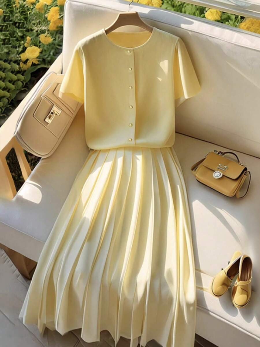 Franclia 2pcs Women Summer Yellow Elegant Cardigan Short Sleeve Outfit Set | SHEIN