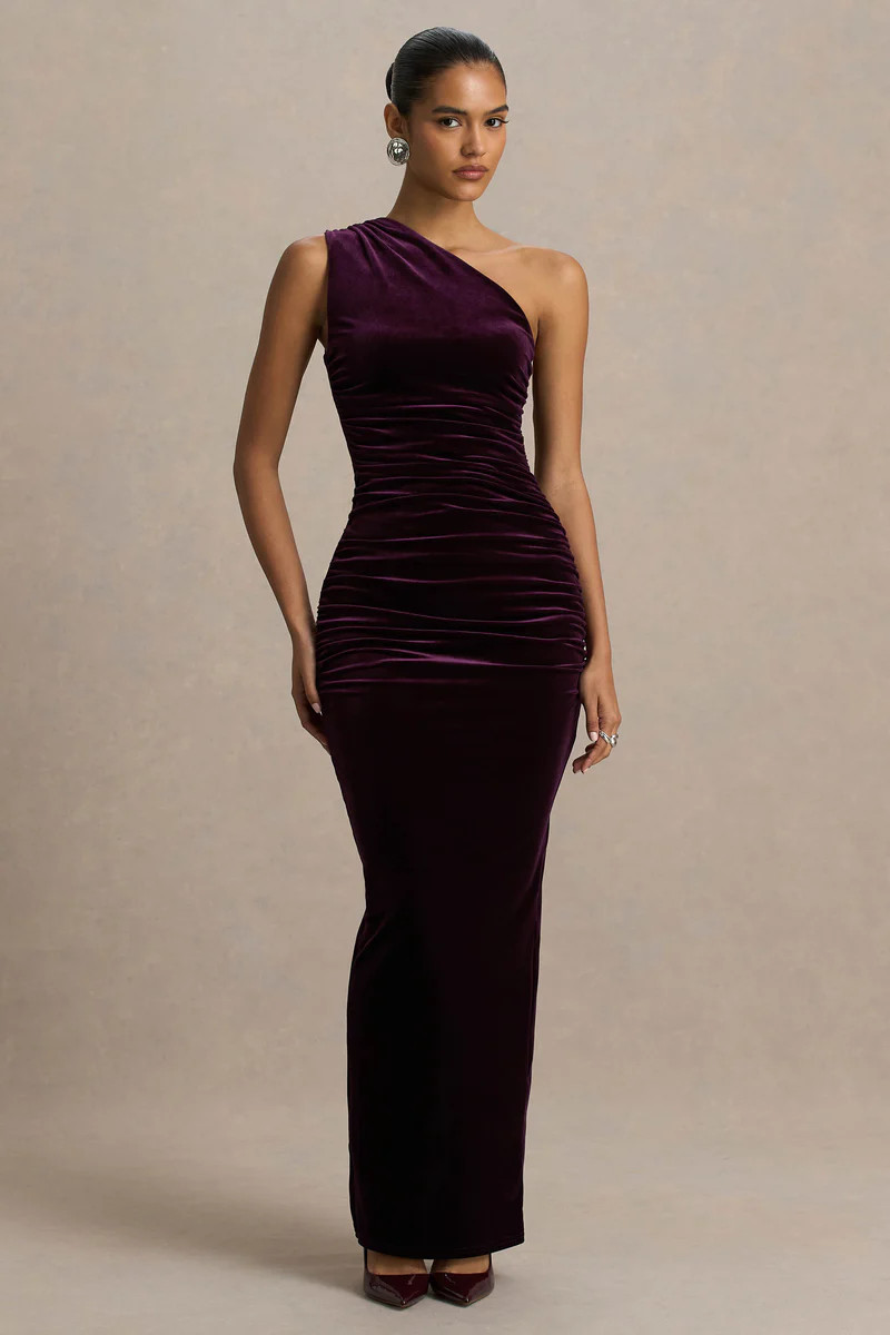 Treat  Burgundy Velvet Asymmetric-Neck Maxi Dress With Ruched Detailing. | Club L London