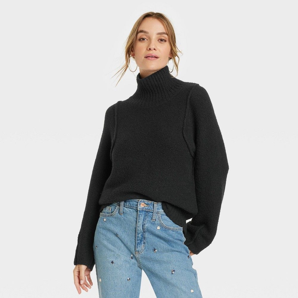 Women's Mock Turtleneck Seam Front Pullover Sweater - Universal Thread Black XS | Target