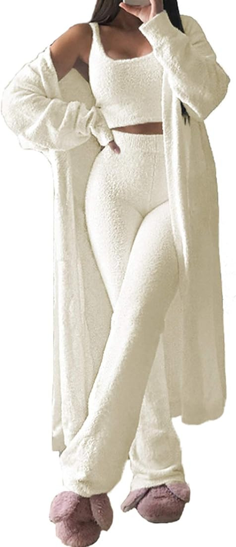 TOLENY Women's Fuzzy 3 Piece Lounge Sets Sweatsuits Open Front Cardigan Crop Tank Tops Wide Legs ... | Amazon (US)