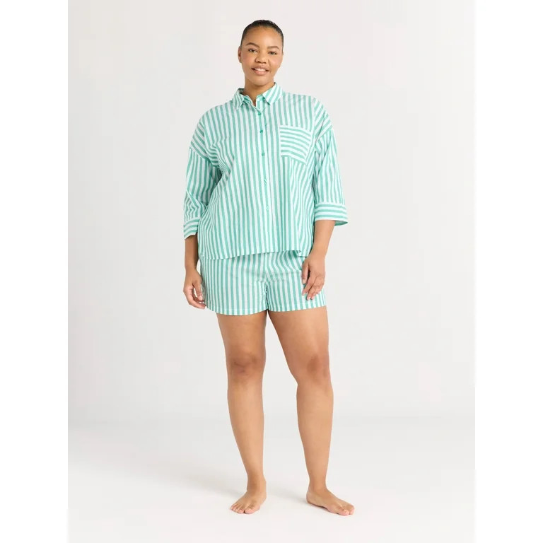 Joyspun Women’s Woven ¾ Sleeve Notch Collar Top and Boxer Shorts Pajama Set, Sizes XS-3X | Walmart (US)