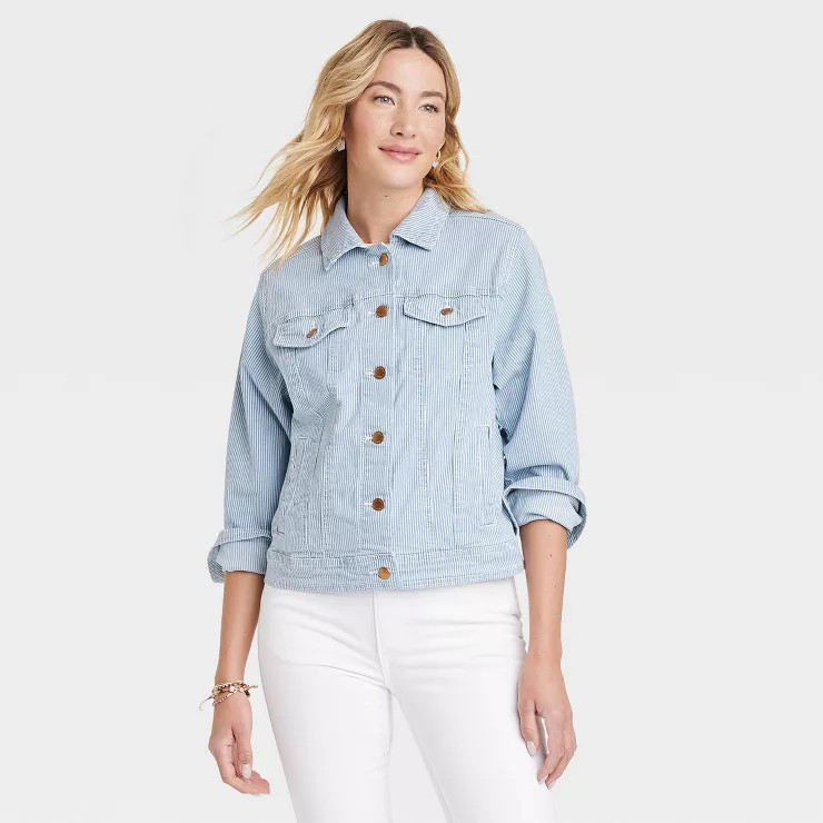 Women's Denim Jacket - Universal Thread™ Light Blue Striped | Target