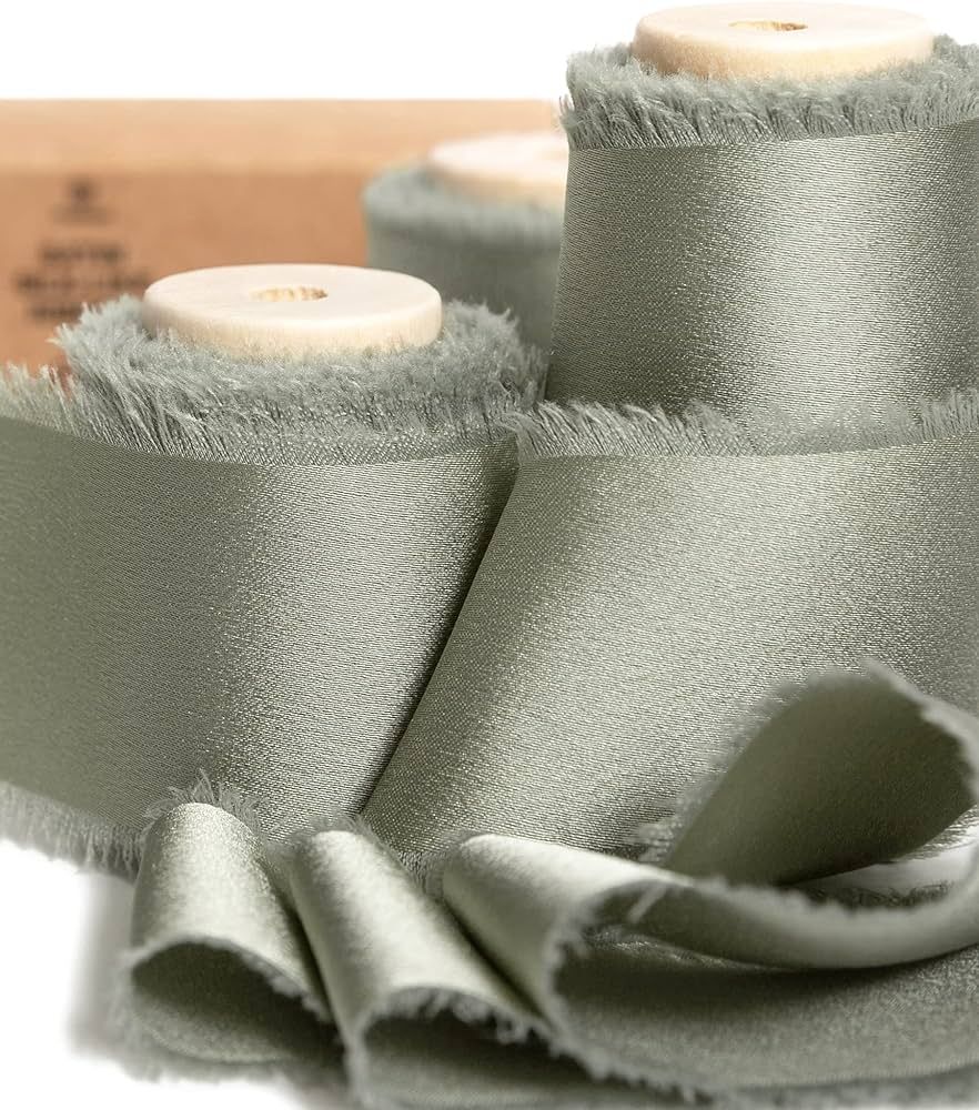 Vitalizart Silk Satin Ribbon 1-1/2 inch x 15 Yard with Wooden Spool Dusty Green Handmade Frayed R... | Amazon (US)